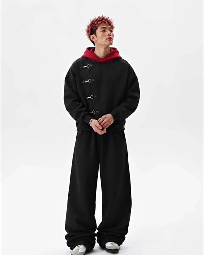 Y2K Red Itadori Hoodie Oversized Black Red Spliced Metal Button Casual Sweatshirt Trendy and Simple Men Women Streetwear Jacket